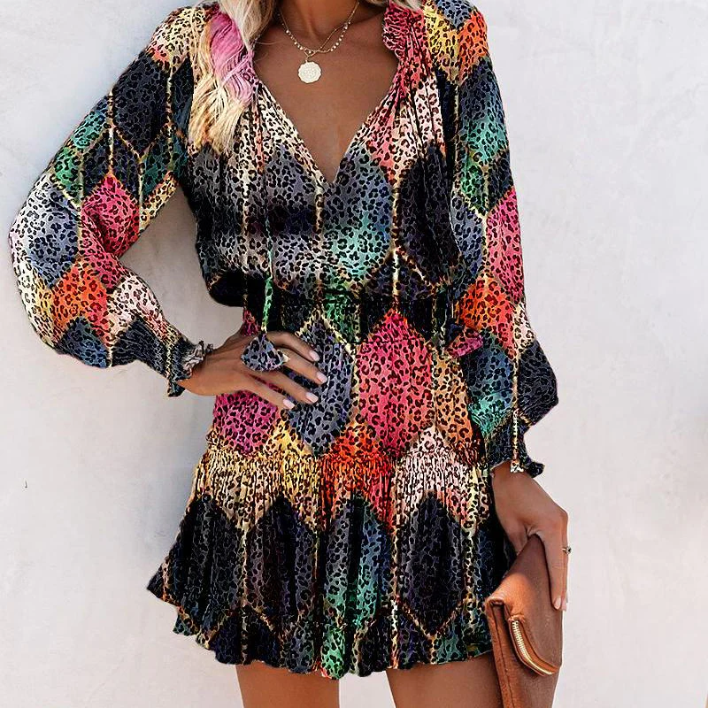 Vestido mini mujer con escote en V manga larga y volantes