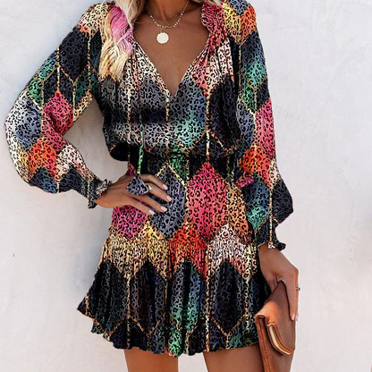 Vestido mini mujer con escote en V manga larga y volantes