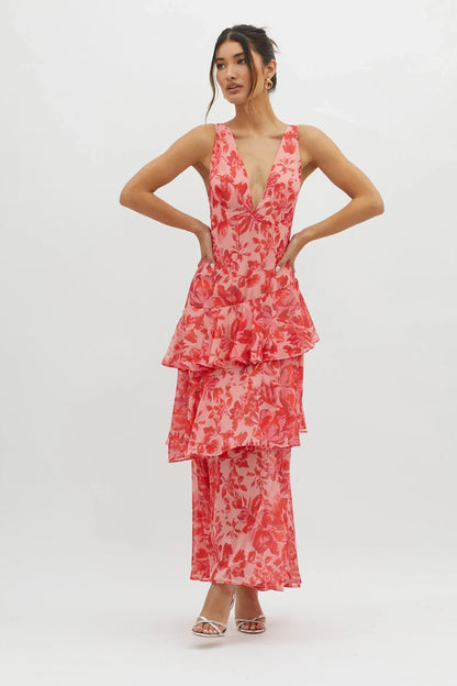 Vestido largo mujer de tela ligera con volantes
