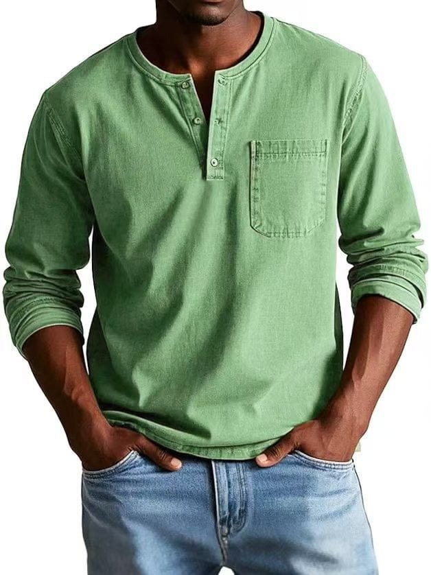 Camiseta Hombre Algodón Cuello Henley Bolsillo Pecho Relajada