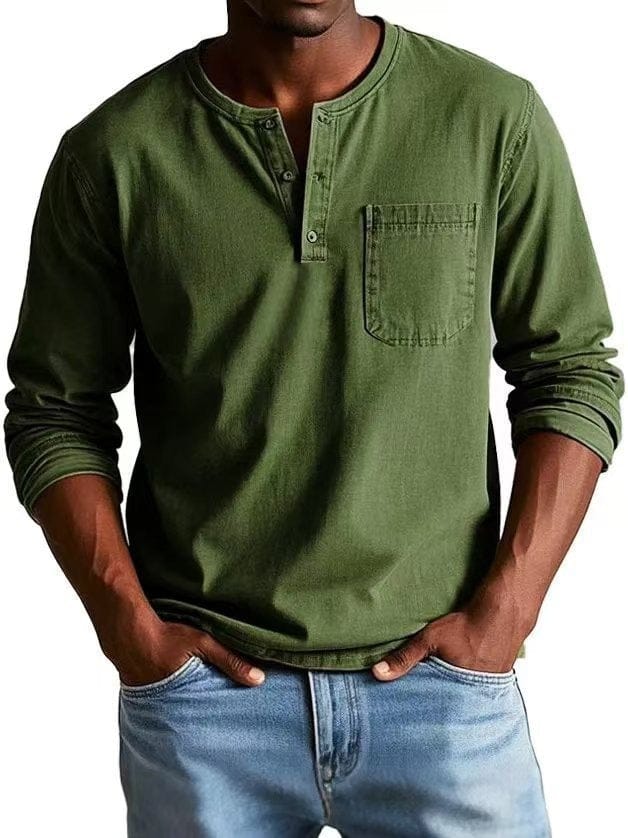 Camiseta Hombre Algodón Cuello Henley Bolsillo Pecho Relajada