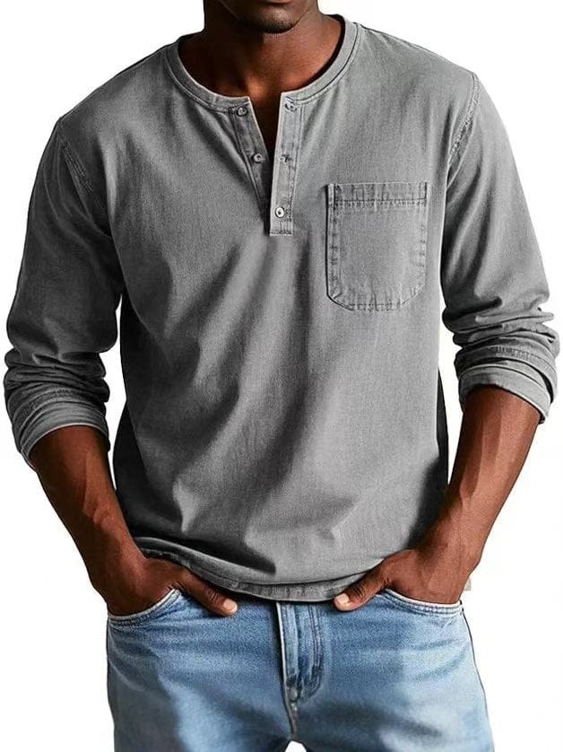 Camiseta Hombre Algodón Cuello Henley Bolsillo Pecho Relajada