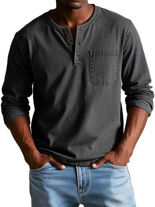 Camiseta Hombre Algodón Cuello Henley Bolsillo Pecho Relajada