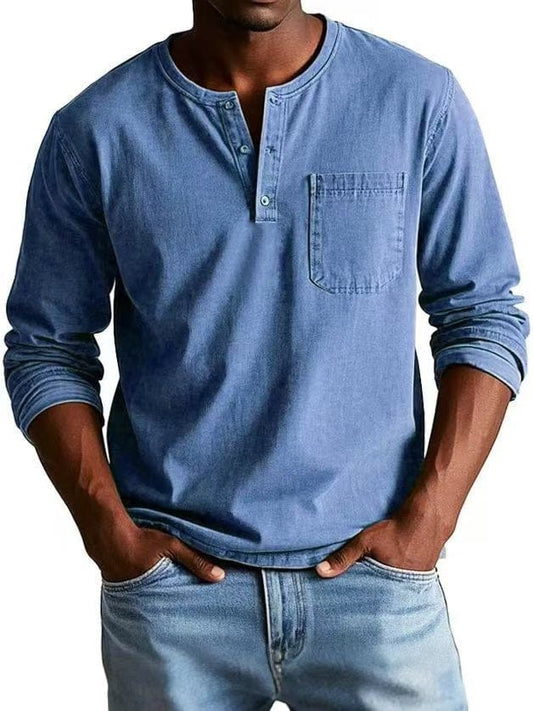 Camiseta Hombre Algodón Cuello Henley Bolsillo Pecho Relajada - Mavetta