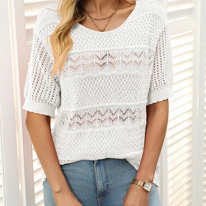 Suéter Mujer de Crochet Cuello Redondo Manga Corta