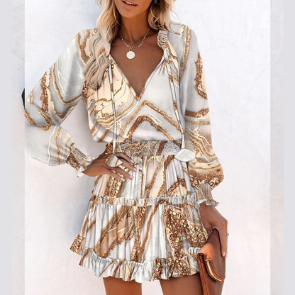 Vestido mini mujer con escote en V manga larga y volantes