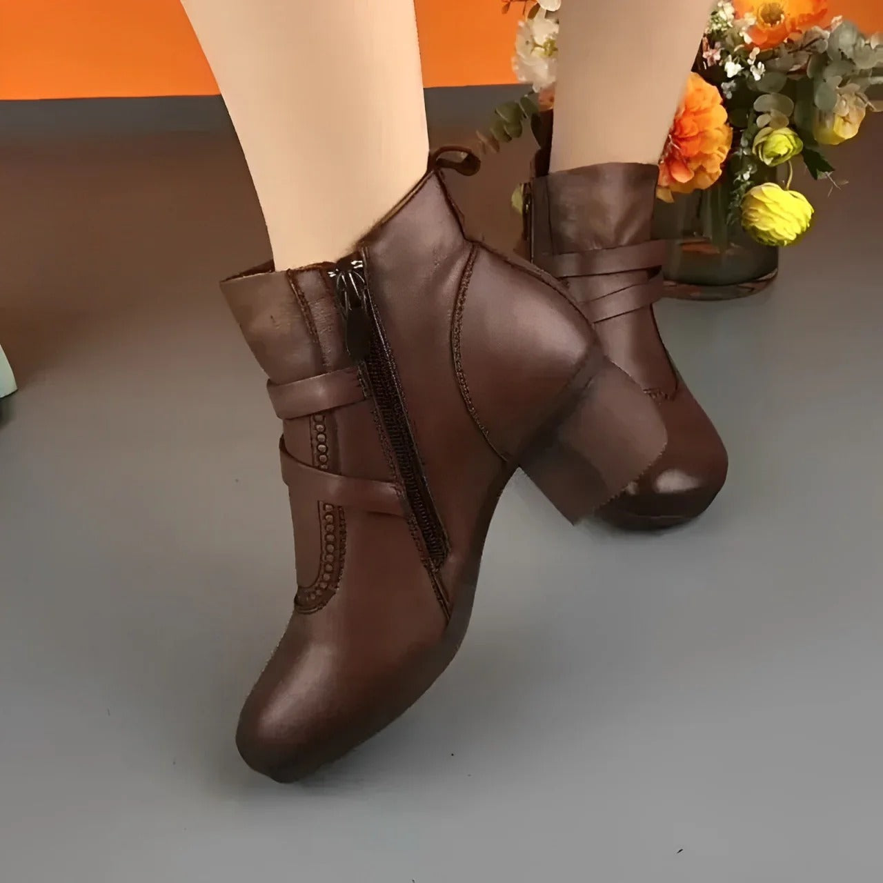 Botines Mujer Piel Hebilla Tacón Bajo Estilo Casual