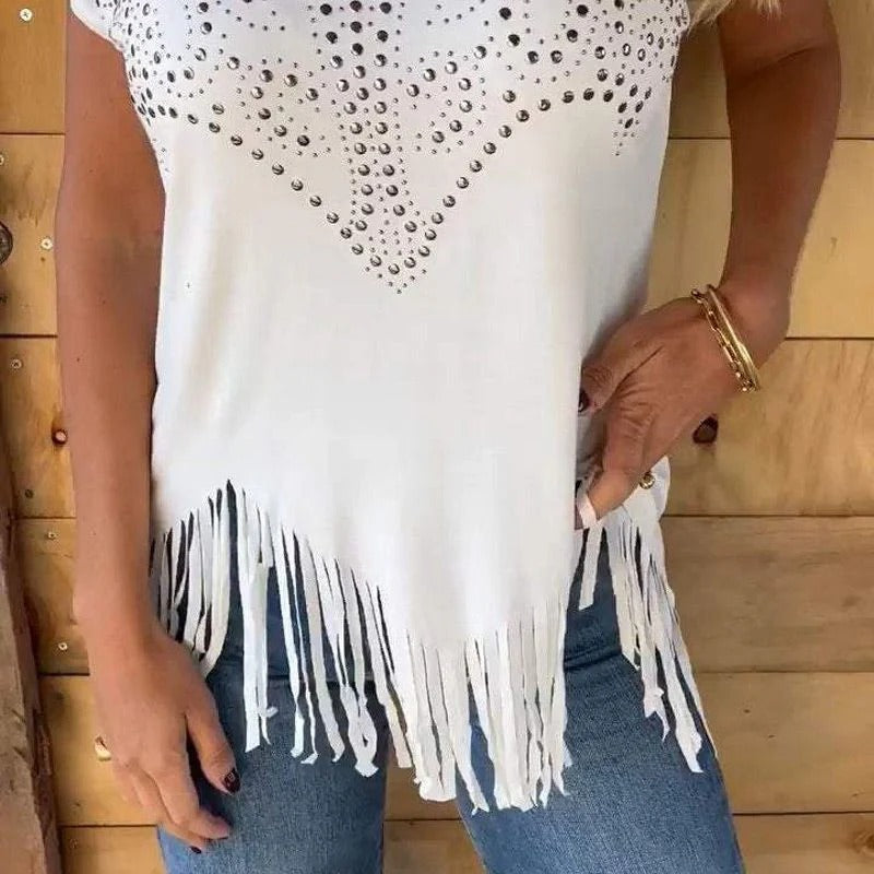 Camiseta Mujer con Detalle Brillante y Flecos