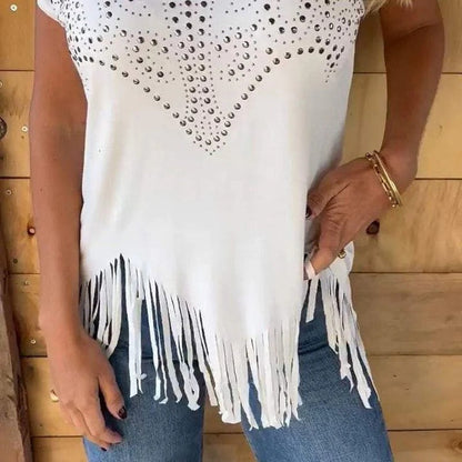 Camiseta Mujer con Detalle Brillante y Flecos