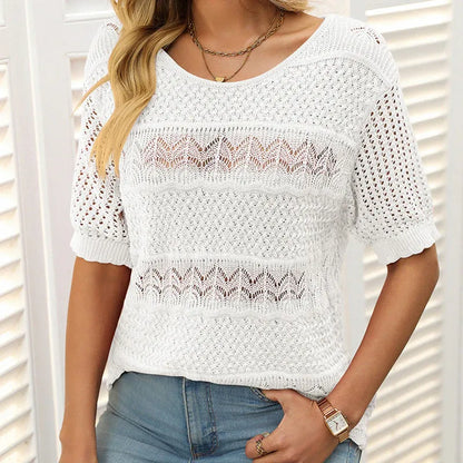 Suéter Mujer de Crochet Cuello Redondo Manga Corta