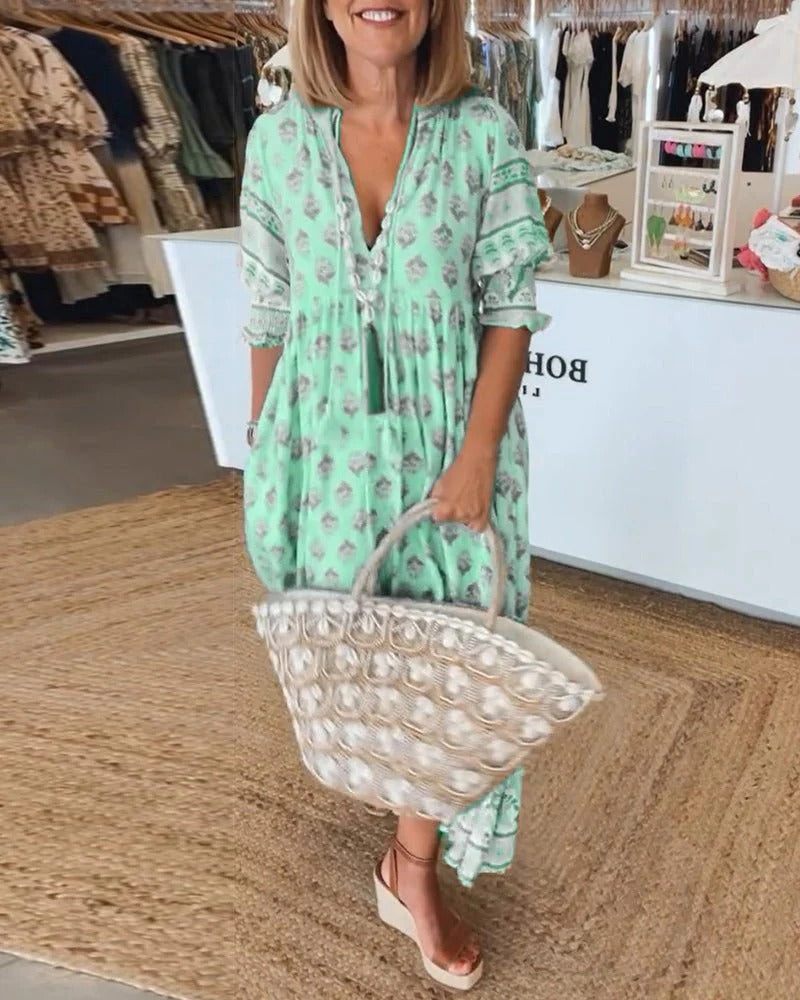 Vestido midi mujer de tejido ligero con lazos y flecos bohemio