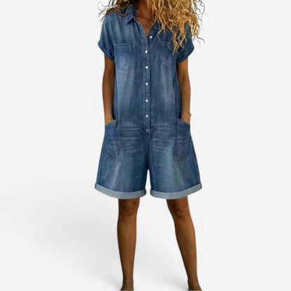 Mono Corto Mujer Denim Bolsillos y Botones Casual