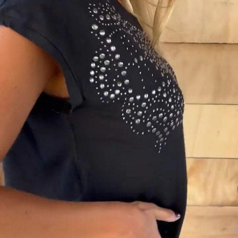 Camiseta Mujer con Detalle Brillante y Flecos