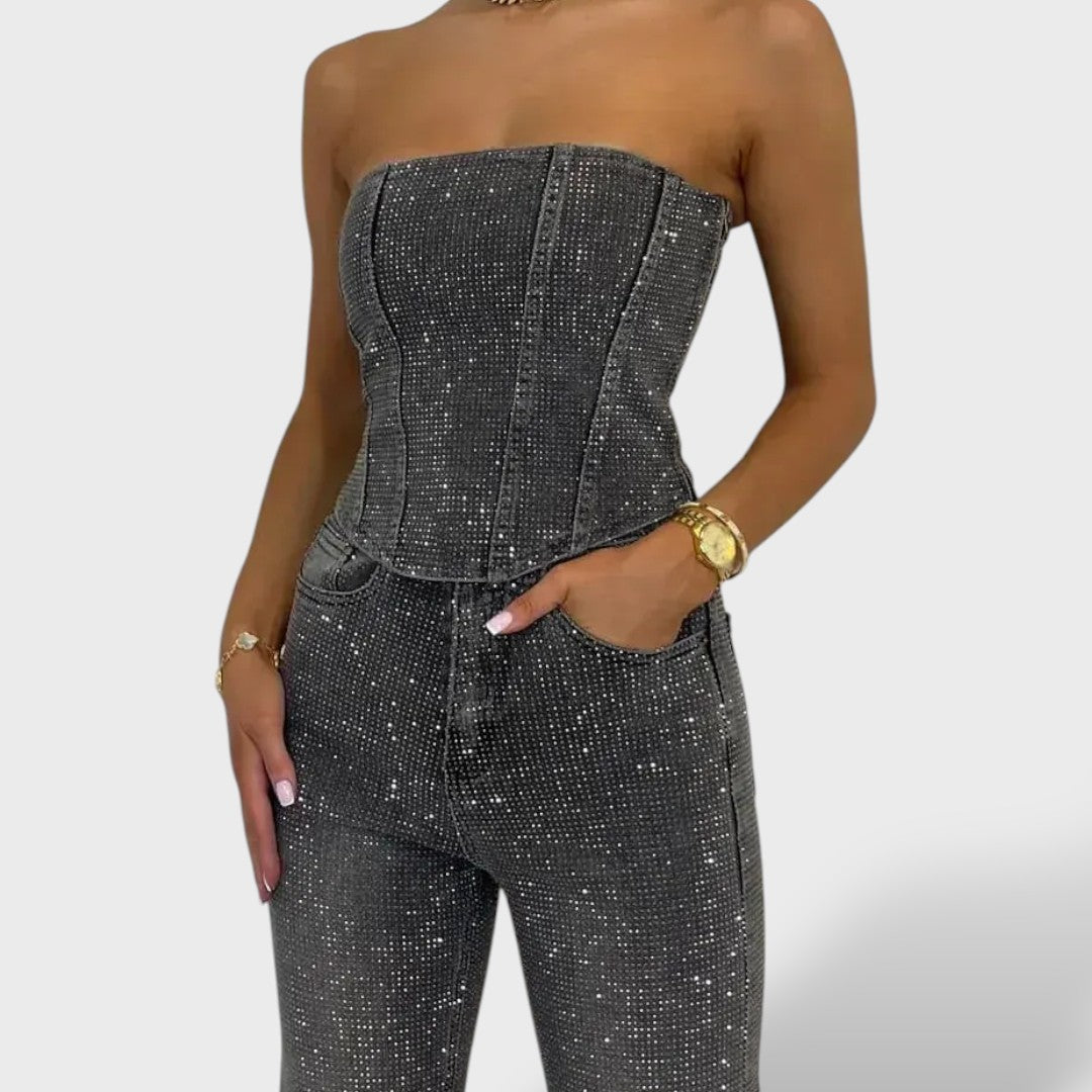 Conjunto Mujer Brillante Jeans Cintura Alta