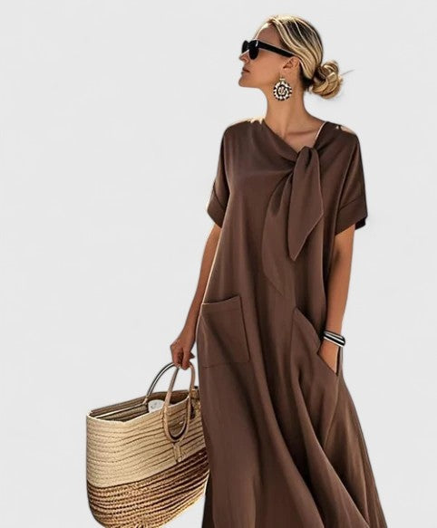 Vestido Largo Mujer Suelto Lazo al Cuello Bolsillos