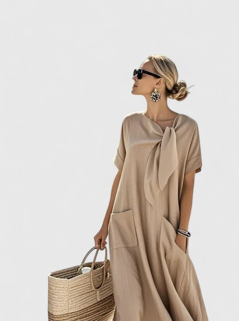 Vestido Largo Mujer Suelto Lazo al Cuello Bolsillos