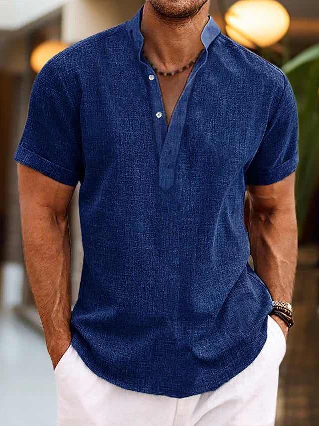 Camiseta hombre manga corta cuello henley diseño casual