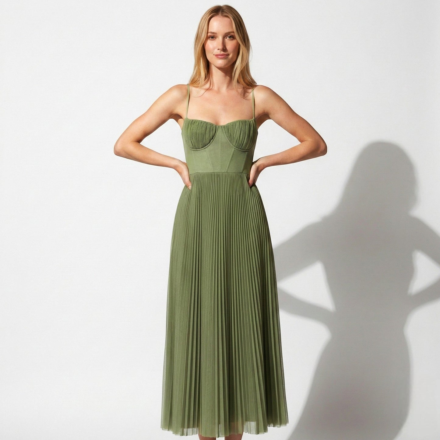 Vestido Noche Mujer Plisado Tirantes Espagueti Cintura Alta