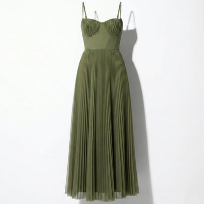 Vestido Noche Mujer Plisado Tirantes Espagueti Cintura Alta