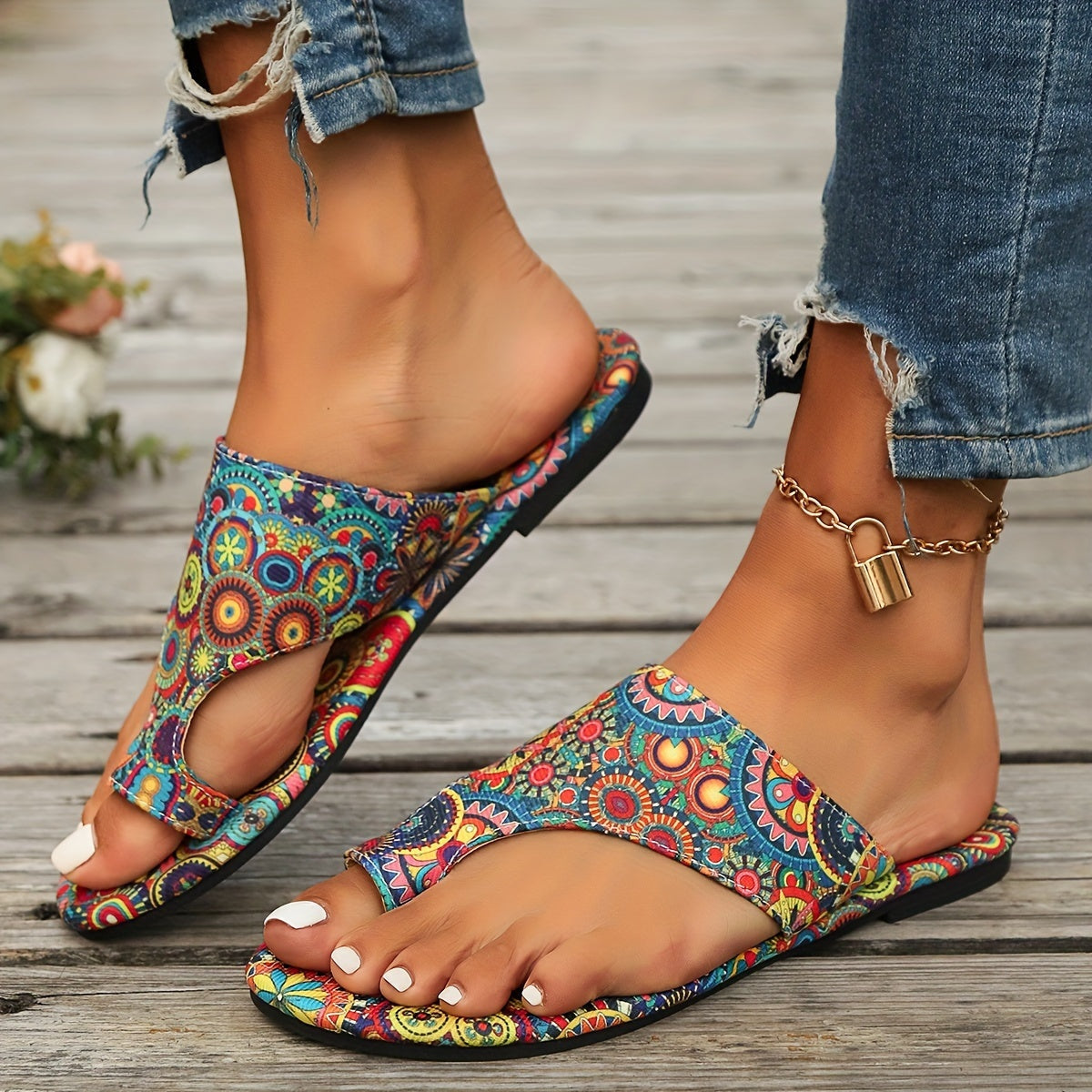 Sandalias Planas Mujer Estampado Boho Tira Cruzada - Mavetta
