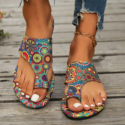 Sandalias Planas Mujer Estampado Boho Tira Cruzada