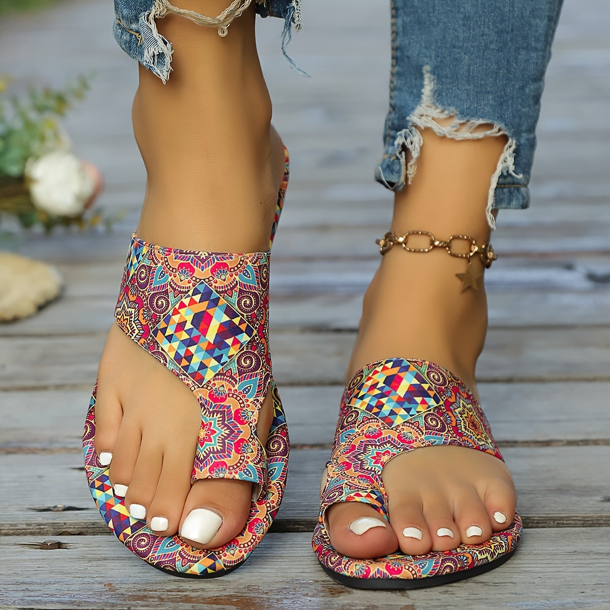 Sandalias Planas Mujer Estampado Boho Tira Cruzada