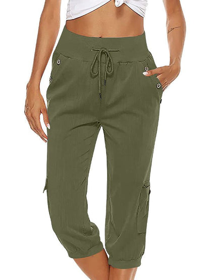 Pantalones Capri Mujer Algodón Cintura Elástica Bolsillos Funcionales - Mavetta