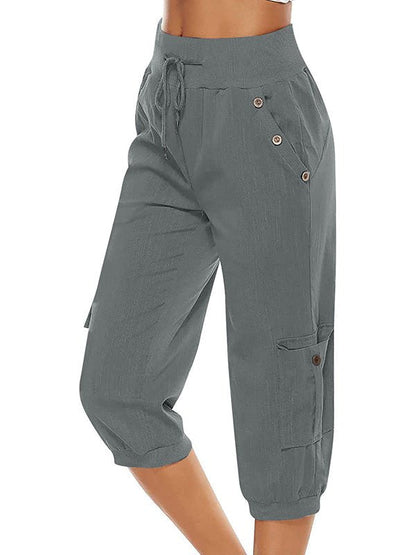 Pantalones Capri Mujer Algodón Cintura Elástica Bolsillos Funcionales