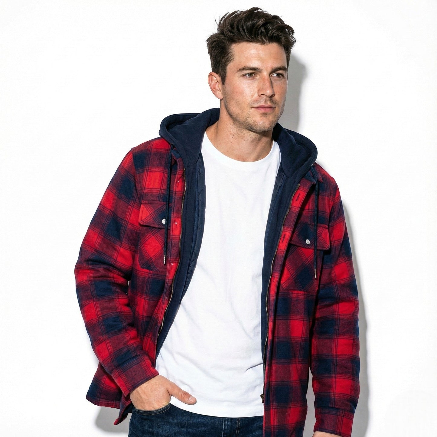 Chaqueta Hombre Franela Capucha Desmontable Forro Algodón Acolchado