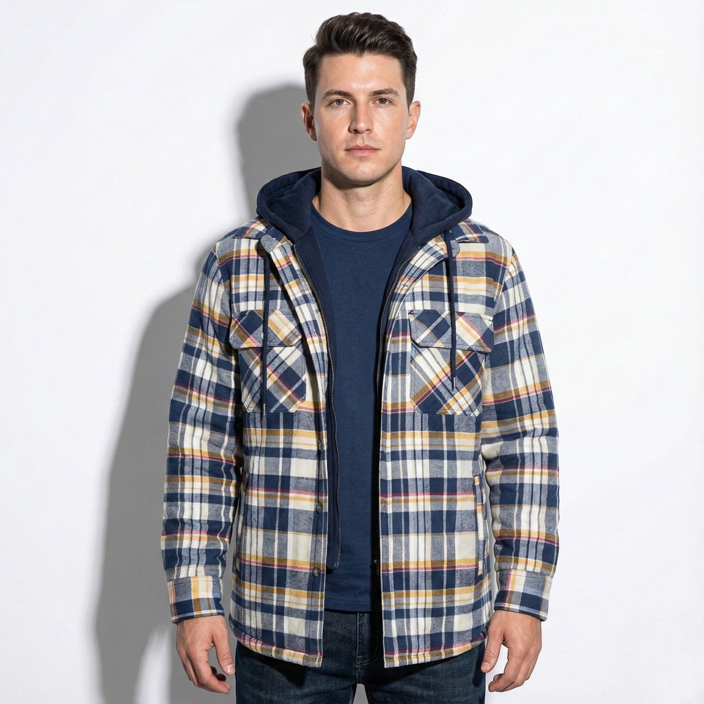 Chaqueta Hombre Franela Capucha Desmontable Forro Algodón Acolchado