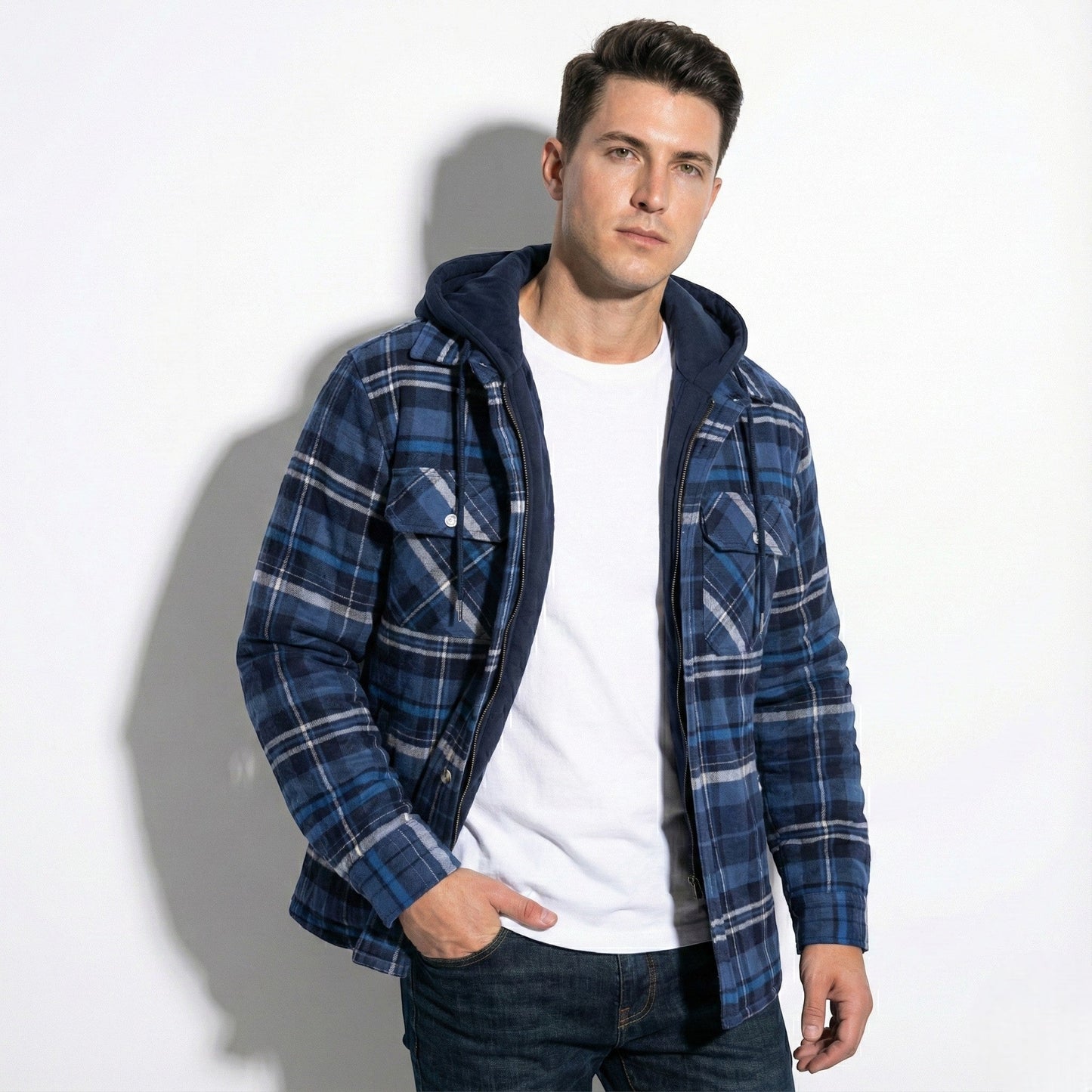 Chaqueta Hombre Franela Capucha Desmontable Forro Algodón Acolchado