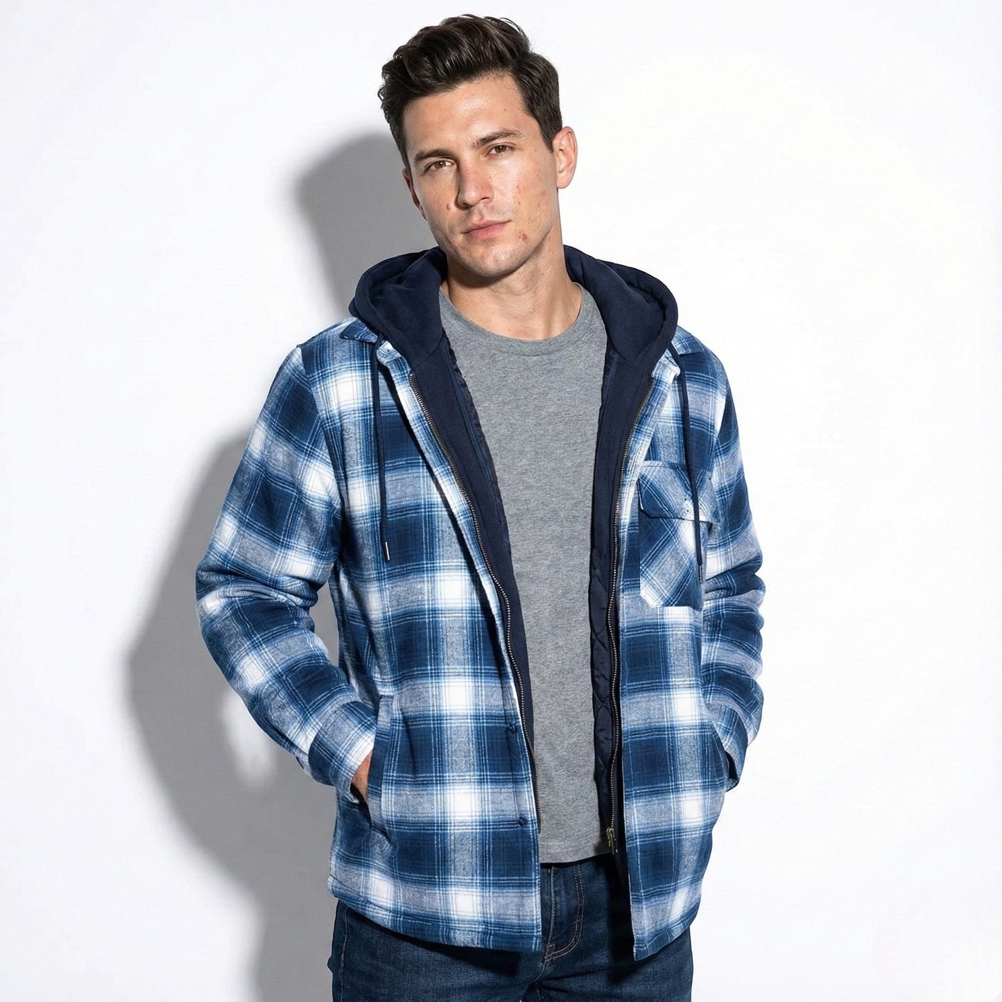 Chaqueta Hombre Franela Capucha Desmontable Forro Algodón Acolchado