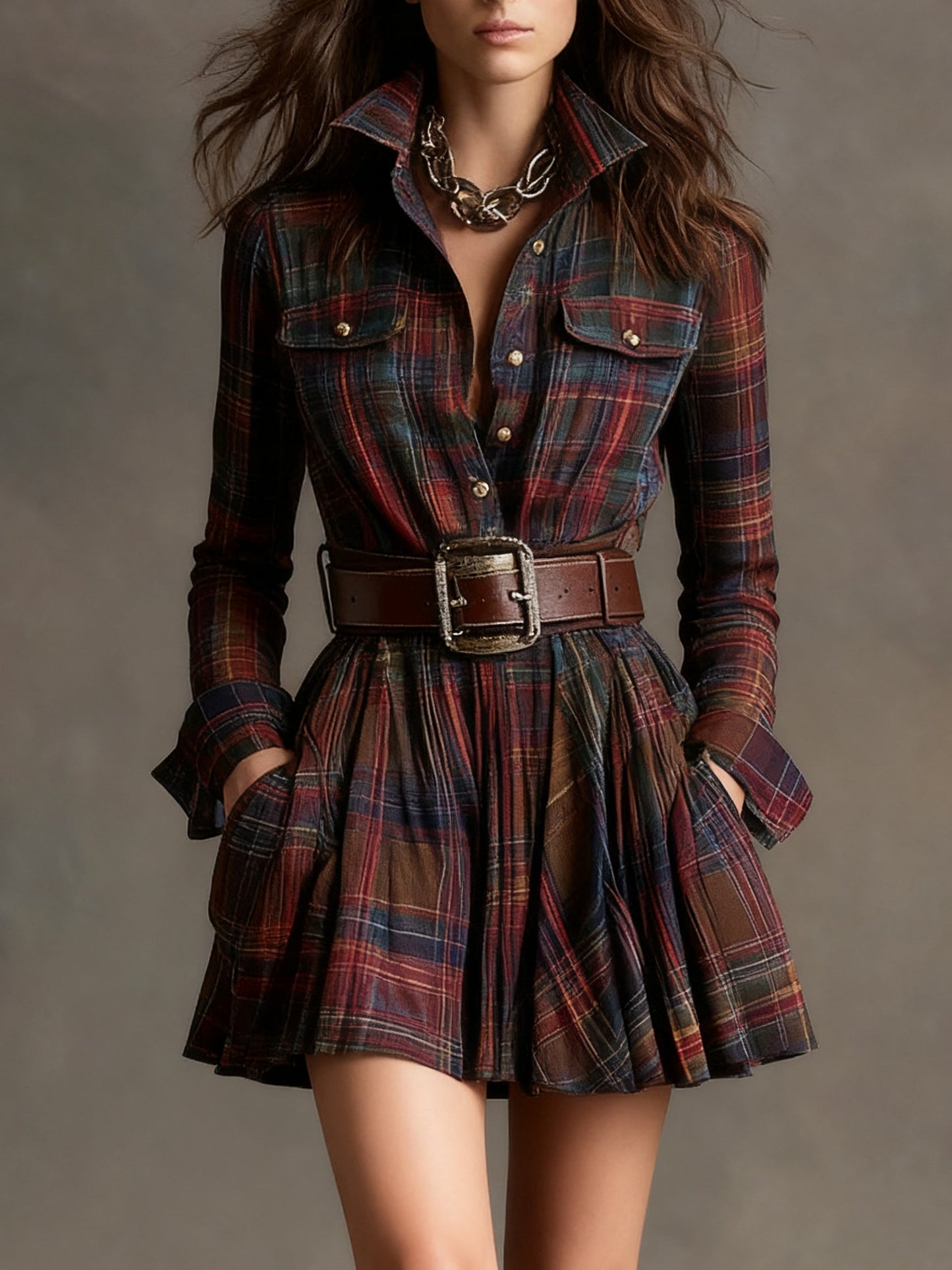 Vestido Corto Mujer Cuadros Algodón Camisero con Cinturón Ajustado