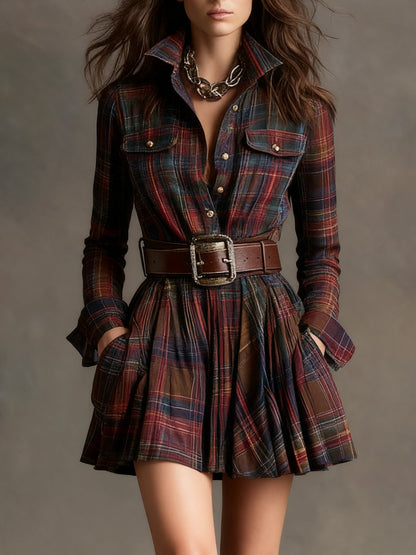 Vestido Corto Mujer Cuadros Algodón Camisero con Cinturón Ajustado