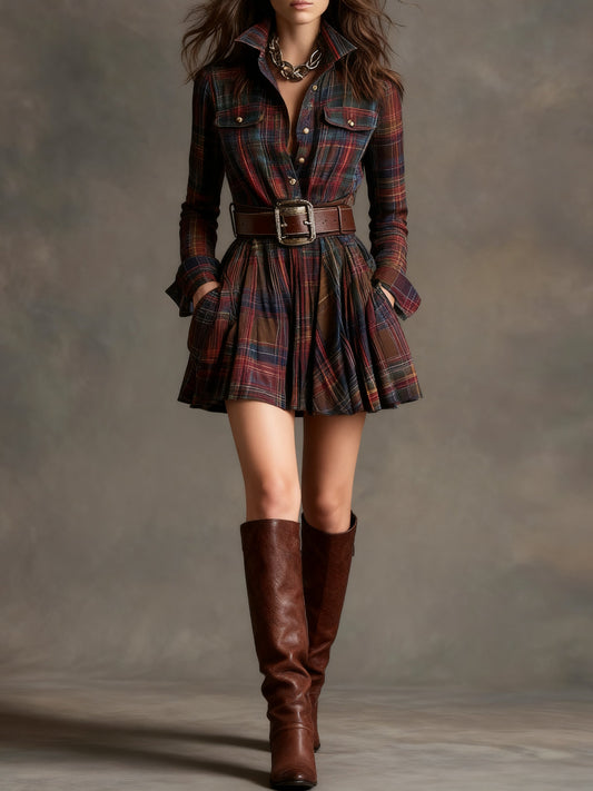 Vestido Corto Mujer Cuadros Algodón Camisero con Cinturón Ajustado - Mavetta