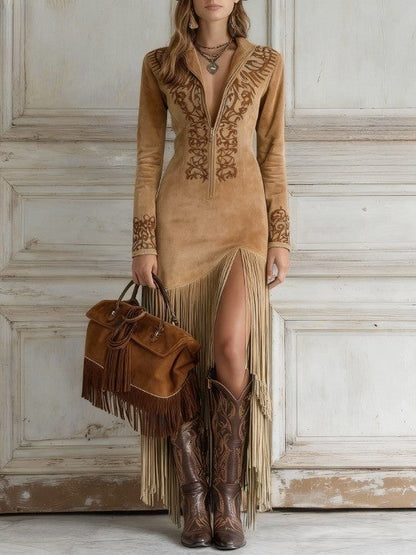 Vestido largo mujer con flecos y manga larga