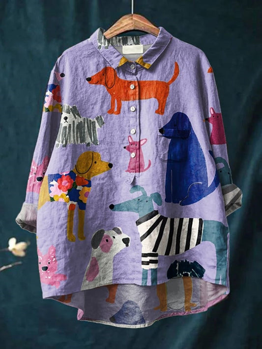 Camisa oversize hombre de algodón estampado artístico perros - Mavetta
