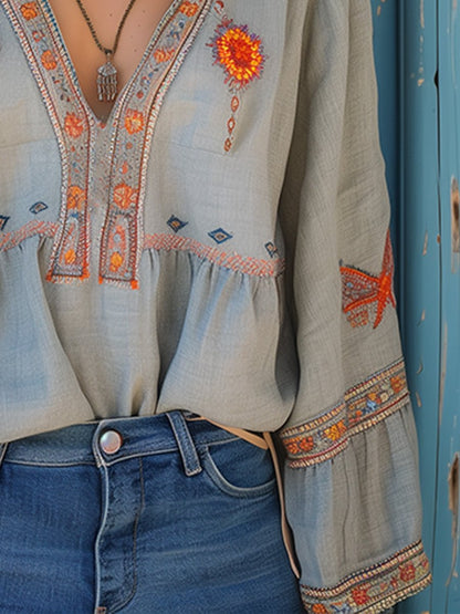 Blusa Mujer de Algodón Bordado Escote en V Bohemio