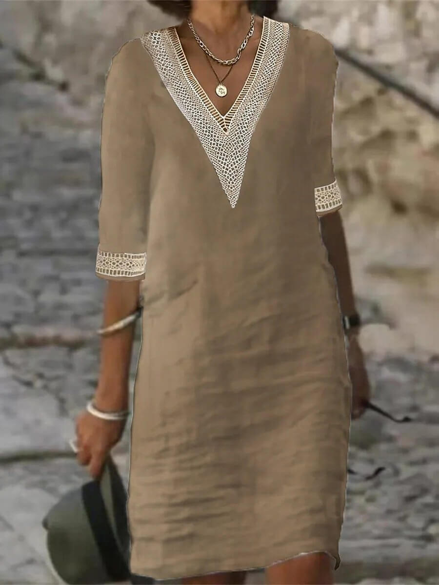 Vestido Mujer con Escote en V y Detalles de Encaje