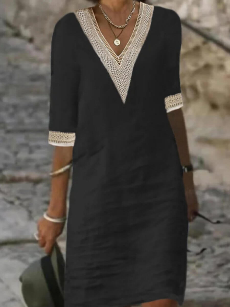 Vestido Mujer con Escote en V y Detalles de Encaje