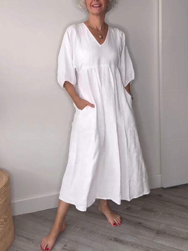 Vestido midi mujer con escote en V bolsillos y corte fluido