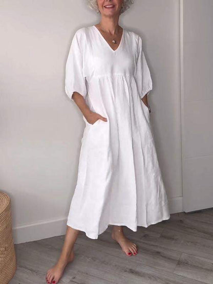 Vestido midi mujer con escote en V bolsillos y corte fluido