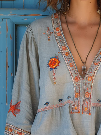 Blusa Mujer de Algodón Bordado Escote en V Bohemio