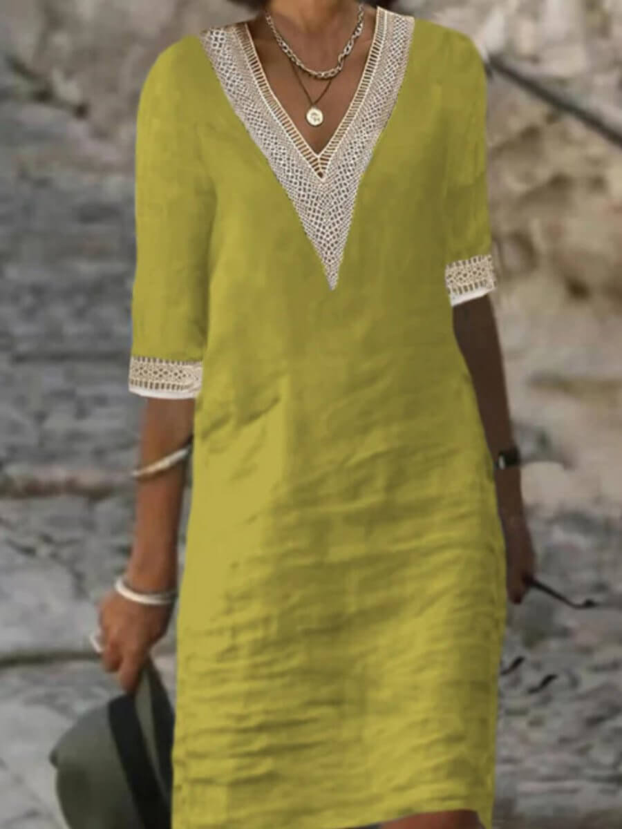 Vestido Mujer con Escote en V y Detalles de Encaje