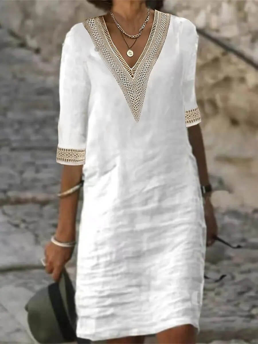 Vestido Mujer con Escote en V y Detalles de Encaje
