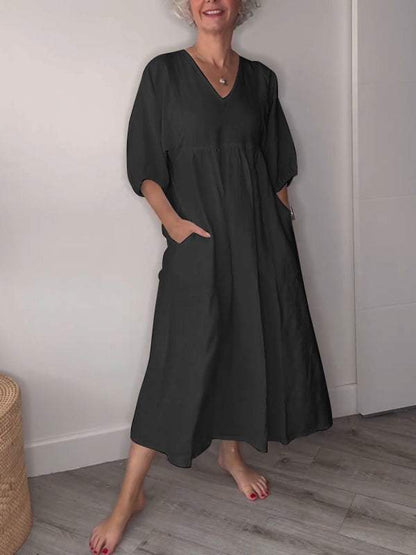 Vestido midi mujer con escote en V bolsillos y corte fluido