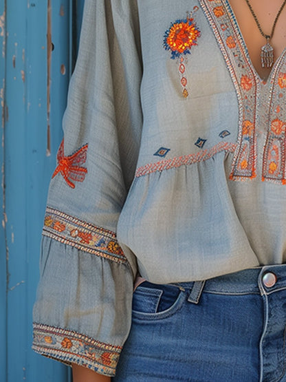 Blusa Mujer de Algodón Bordado Escote en V Bohemio