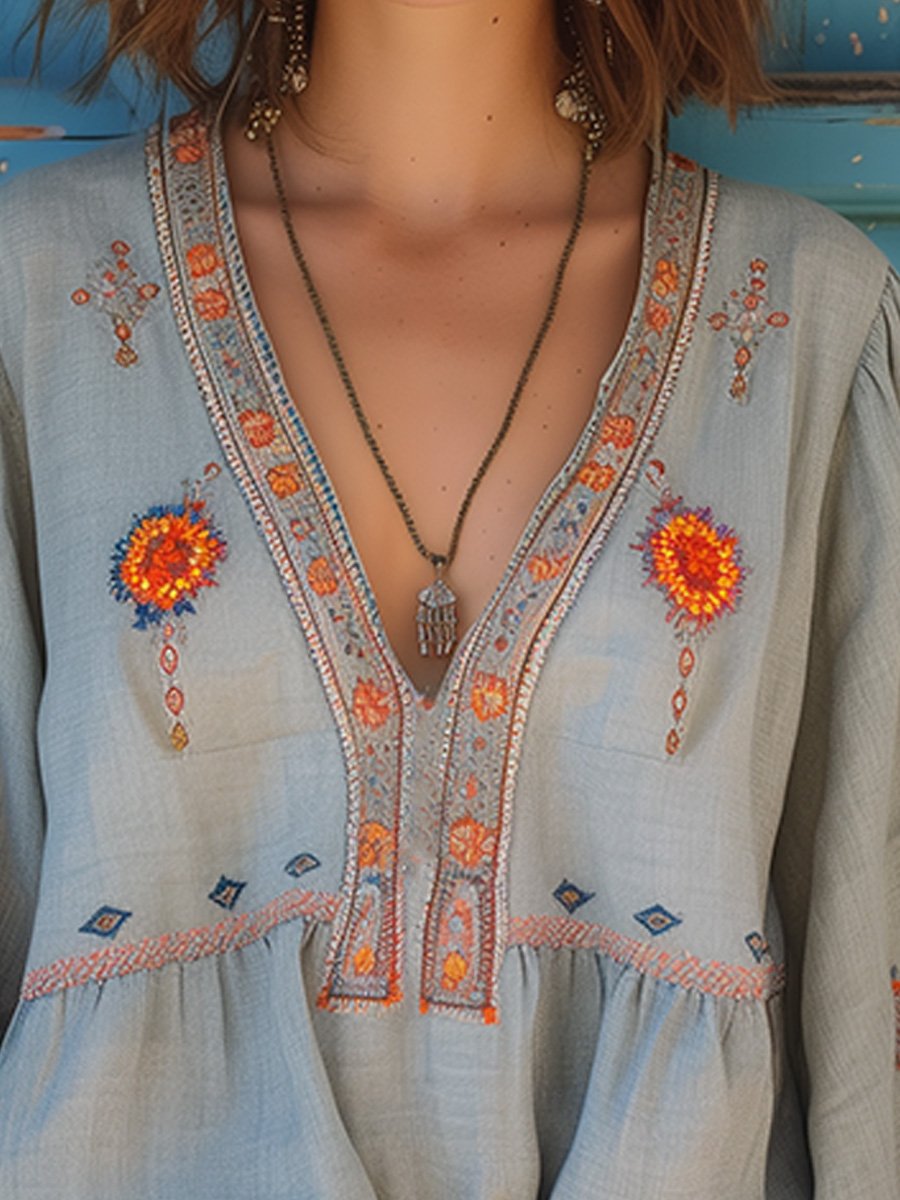 Blusa Mujer de Algodón Bordado Escote en V Bohemio
