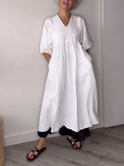 Vestido midi mujer con escote en V bolsillos y corte fluido