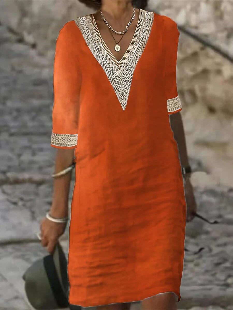 Vestido Mujer con Escote en V y Detalles de Encaje